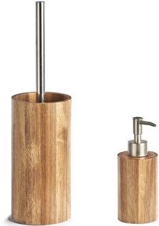 Zeller Toiletborstel houder met zeeppompje van acacia hout - Badkameraccessoireset Bruin