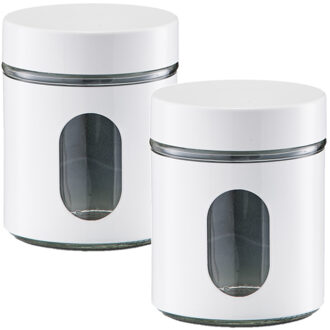 Zeller Voedsel keuken voorrraadpot - 2x - metaal - wit - 600 ml - met venster - blikken/bussen