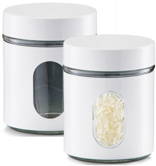 Zeller Voedsel keuken voorrraadpot - 2x - metaal - wit - 600 ml - met venster - blikken/bussen