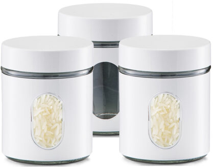 Zeller Voedsel keuken voorrraadpot - 3x - metaal - wit - 600 ml - met venster - blikken/bussen