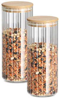 Zeller Voorraad/bewaar pot Grooves - 2x - hard glas - transparant - 1100 ml - bamboe deksel - luchtdicht