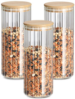 Zeller Voorraad/bewaar pot Grooves - 3x - hard glas - transparant - 1100 ml - bamboe deksel - luchtdicht