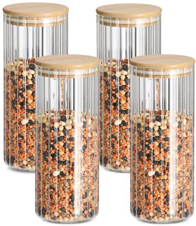 Zeller Voorraad/bewaar pot Grooves - 4x - hard glas - transparant - 1100 ml - bamboe deksel - luchtdicht