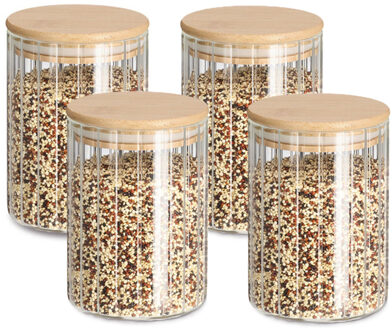 Zeller Voorraad/bewaar pot Grooves - 4x - hard glas - transparant - 550 ml - bamboe deksel - luchtdicht