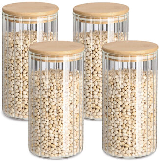 Zeller Voorraad/bewaar pot Grooves - 4x - hard glas - transparant - 800 ml - bamboe deksel - luchtdicht