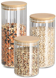 Zeller Voorraad/bewaar pot Grooves - set 3x stuks - hard glas - bamboe deksel - lucht dicht - transparant