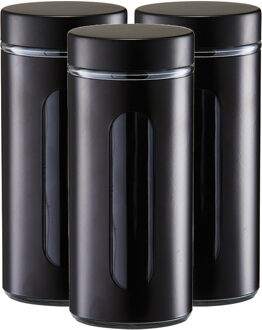 Zeller Voorraadpot / blik met venster - 3x - zwart - 1200 ml - glas/metaal - D10 x H23 cm