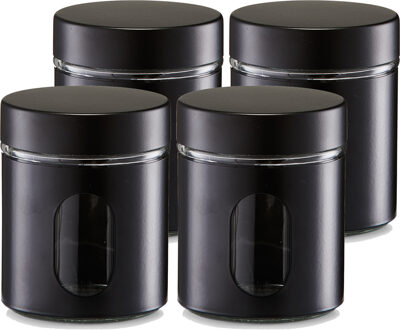Zeller Voorraadpot/blik met venster - 4x - zwart - 600 ml - glas/metaal