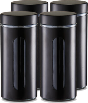 Zeller Voorraadpot / blik met venster - 6x - zwart - 1200 ml - glas/metaal - D10 x H23 cm