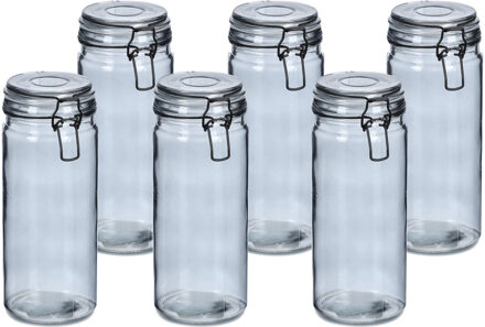 Zeller Voorraadpotten/bewaarpotten - 6x - 1L - grijs - glas - beugelsluiting - D10 x H20 cm
