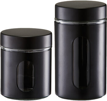 Zeller Voorraadpotten/blikken met venster - 2x - zwart - 600 en 900 ml - metaal