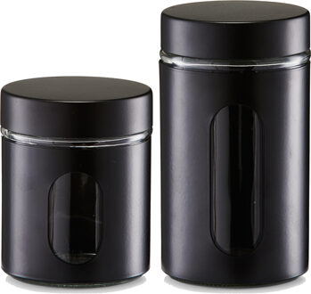 Zeller Voorraadpotten/blikken met venster - 4x - zwart - 600 en 900 ml - metaal
