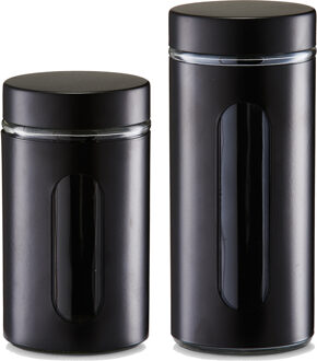 Zeller Voorraadpotten/blikken met venster - 4x - zwart - 900 en 1200 ml - metaal
