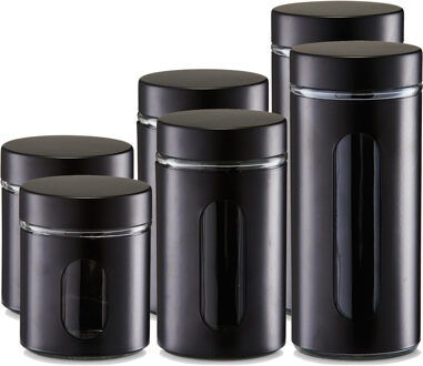 Zeller Voorraadpotten/blikken met venster - 6x - zwart - 600 tot 1200 ml - metaal