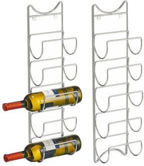 Zeller Wand wijnflessen wijnrek voor 5 flessen - 2x stuks - zilver - metaal - 61 x 15 cm