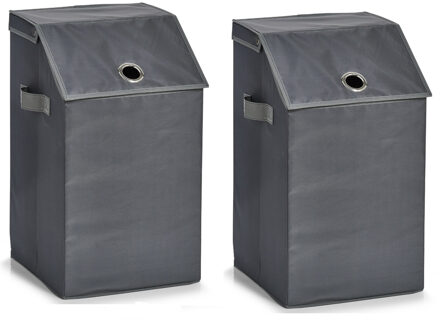 Zeller Wasmand - Set van 2x stuks - antraciet - met deksel - polyester - 34 x 34 x 60 cm - Wasgoedma