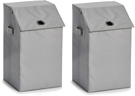 Zeller Wasmand - Set van 2x stuks - grijs - met deksel - polyester - 34 x 34 x 60 cm - Wasgoedmanden