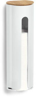 Zeller Wattenschijfjes wand dispenser - kunststof/bamboe hout - wit - 8 x 7 x 25 cm