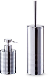 Zeller WC-borstel in houder met zeeppompje - zilver - rvs - Badkameraccessoireset Zilverkleurig