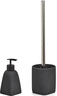 Zeller WC-borstel in houder met zeeppompje - zwart - kunststeen - Badkameraccessoireset