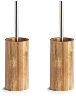 Zeller WC/toiletborstel in houder - 2x - acacia hout - H36 cm
