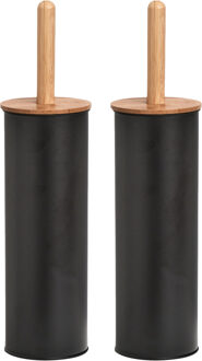 Zeller WC/Toiletborstel in houder - 2x - bamboe hout/metaal - zwart - H38 x D10 cm
