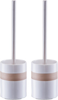 Zeller WC/Toiletborstel in houder keramiek - 2x stuks - wit met beige band - 9 x 33 cm