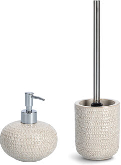Zeller WC/toiletborstel in houder met zeeppompje - keramiek - beige - structure