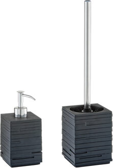 Zeller WC/toiletborstel in houder met zeeppompje - kunststeen - zwart
