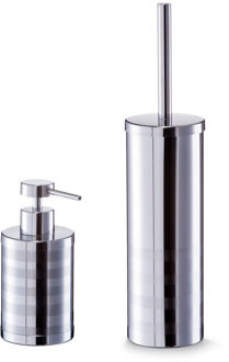 Zeller WC/toiletborstel in houder met zeeppompje - rvs - zilver - strepen