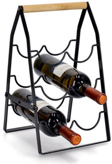 Zeller Wijnflessen rek - 6 flessen - zwart - metaal/bamboe - opvouwbaar - 23 x 37 cm