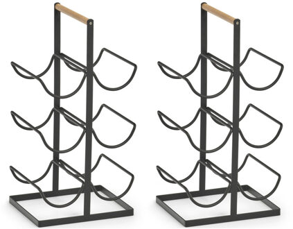 Zeller wijnrek - 2x - staand - 6 flessen - metaal - zwart - 46 cm - voor wijnflessen