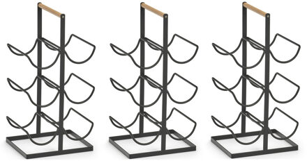 Zeller wijnrek - 3x - staand - 6 flessen - metaal - zwart - 46 cm - voor wijnflessen