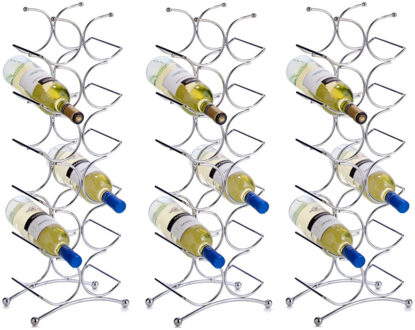 Zeller Wijnrekwijnflessen houder - 3x - zilver - staand - voor 12 flessen - 67 cm hoog