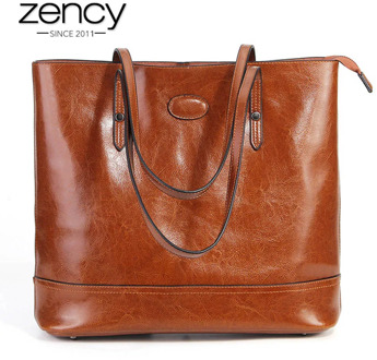 Zency 100% Genuine Leather Fashion Brown Women Shoulder Bag Large Capacity Shopping Bags Black Tote Handbag High Quality Purses