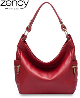 Zency Elegant 100% Genuine Leather Women Hobo Handbag Shoulder Bag Large Capacity Lady Zipper Purse Quality Black More Pocket