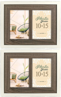 ZEP 2x stuks fotolijst hout wit/bruin geschikt voor twee foto van 10 x 15 cm