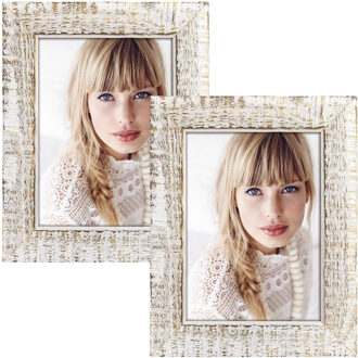 ZEP 2x stuks houten fotolijst vintage wit/bruin geschikt voor een foto van 13 x 18 cm