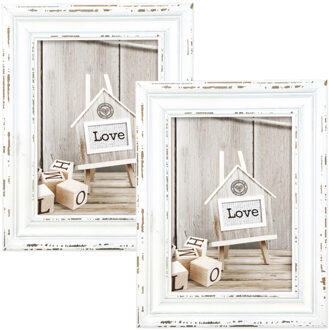 ZEP 2x stuks houten fotolijst vintage wit met metalen ophangketting geschikt voor een foto van 10x15 cm - Fotolijsten