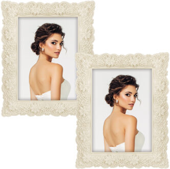 ZEP 2x stuks kunststof fotolijst creme barok met bloemen geschikt voor een foto van 15 x 20 cm