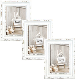 ZEP 3x stuks houten fotolijst vintage wit met metalen ophangketting geschikt voor een foto van 15x20 cm