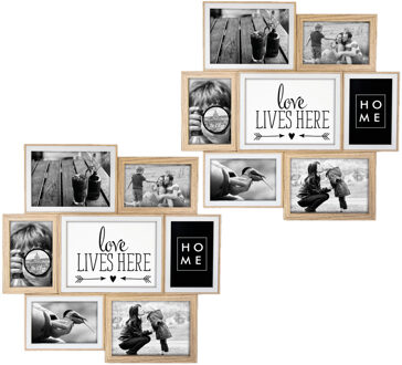 ZEP collage fotolijst - 2x stuks - houten frame - naturel/wit - 7 lijstjes - geschikt voor diverse m
