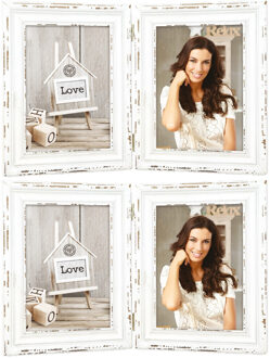 ZEP Dubbele houten fotolijst - 2x stuks - vintage wit - geschikt voor foto van 10 x 15 cm - staand