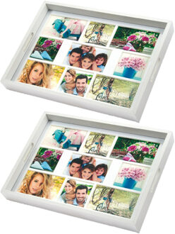 ZEP Foto dienblad - 2x stuks - wit - 45 x 35 cm - hout/glas - voor 9 foto's in diverse maten