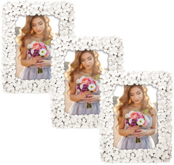 ZEP Fotolijstje - 3x stuks - witte bloemen - voor foto van 15 x 20 cm - bruiloft / huwelijk fotolijs