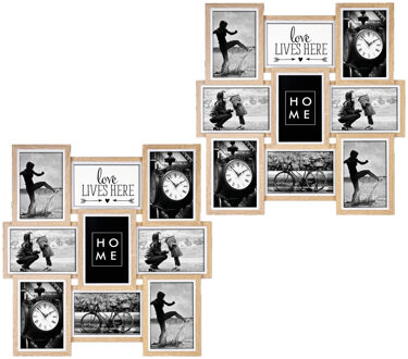 ZEP Multi fotolijst - 2x stuks - Multi - houten frame - naturel/wit - 9 lijstjes - 46 x 46 x 3 cm