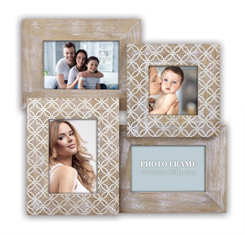 ZEP Multi fotolijst met houten frame naturel/wit vintage met 4 lijstjes geschikt voor diverse maten foto - Fotolijsten