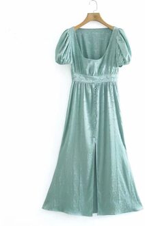 Zevity Vrouwen Mode Vierkante Kraag Jacquard Midi Shirt Jurk Chic Vrouwelijke Plooi Bladerdeeg Mouw Gespen Casual Slim Vestidos DS8368 XS