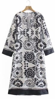 Zevity Vrouwen Vintage V-hals Totem Bloemenprint Contrast Kleur Shirt Jurk Chic Vrouwelijke Toevallige Rechte Kimono Vestido DS8369