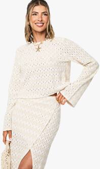 Zig Zag Gebreide Beach Top Met Strikdetail Vooraan, Beige - L